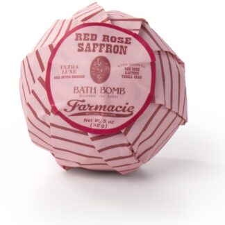 Pink striped wrapped bath bomb labeled Red Rose Saffron.