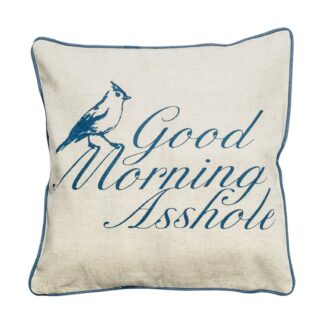 A pillow with a bird and a rude morning greeting.