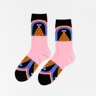 Colorful socks featuring a pink base and a pyramid design under a rainbow.