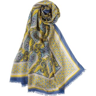 Elegant paisley patterned scarf with blue and yellow tones.