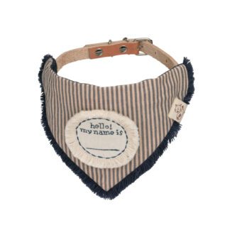 Striped dog bandana collar with a cute patch saying "Made for Adventure."