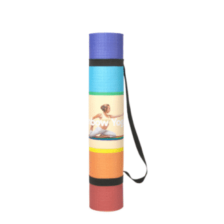 Colorful yoga mat rolled up with a carrying strap.