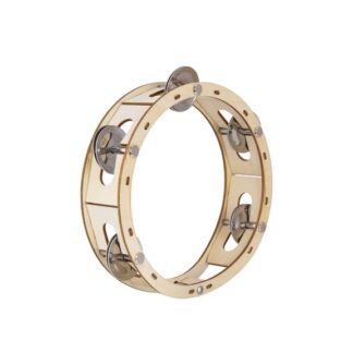 Wooden tambourine with multiple metal jingles in circular frame.