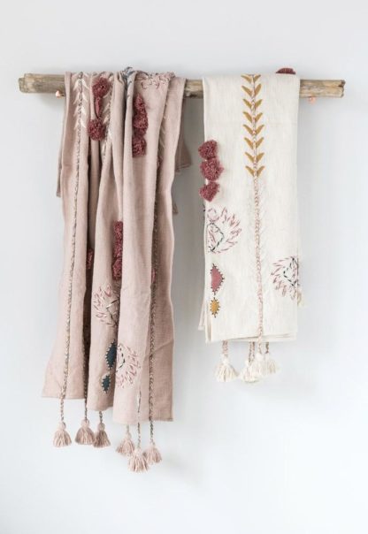 Cotton Embroidered Throw With Tassels & Appliqué in Cream - Image 2