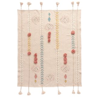 Artistic textile panel with embroidered and textured designs on a neutral background.