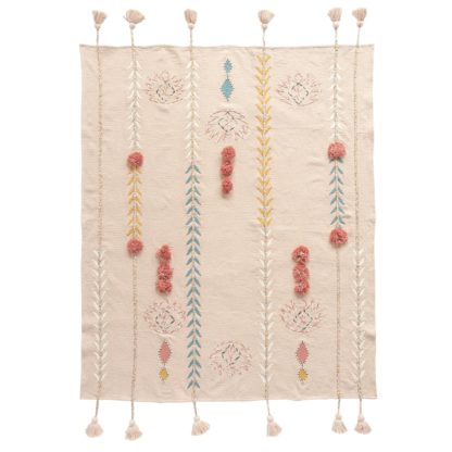 Cotton Embroidered Throw With Tassels & Appliqué in Pink