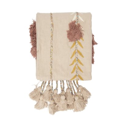 Cotton Embroidered Throw With Tassels & Appliqué in Pink - Image 2