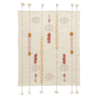 Decorative textile with embroidered floral and geometric patterns in neutral and warm tones.
