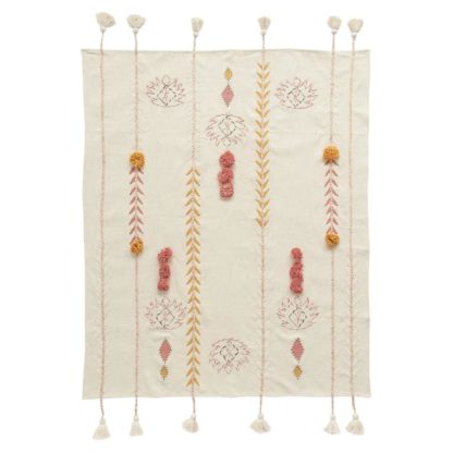 Cotton Embroidered Throw With Tassels & Appliqué in Cream