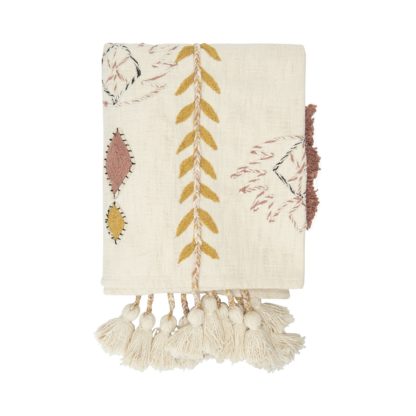 Cotton Embroidered Throw With Tassels & Appliqué in Cream - Image 3