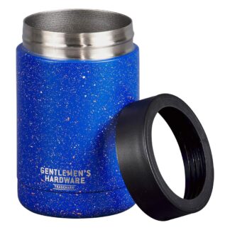 Blue glittery stainless steel tumbler with a black lid.