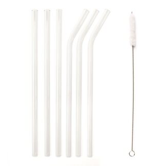 Set of white reusable silicone straws with a cleaning brush.