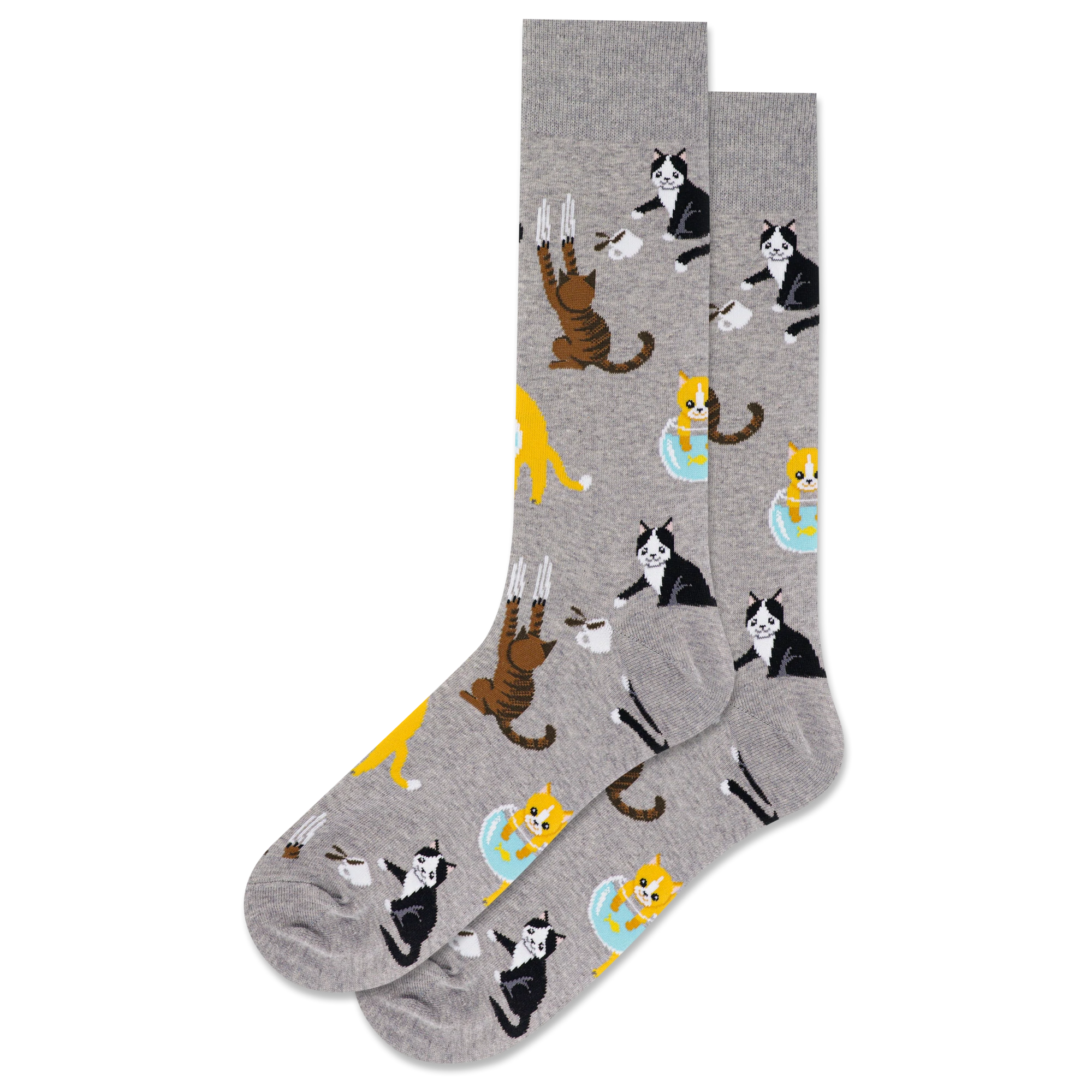 Gray socks with playful cat illustrations in various poses and colors.