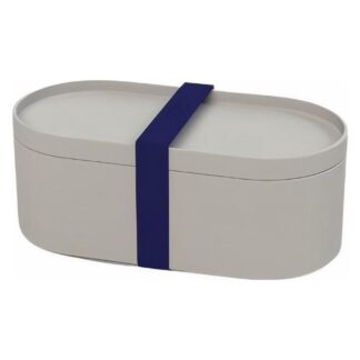 White oval lunchbox with a blue strap.