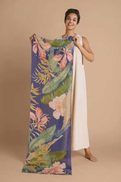 Tropics In Indigo Linen Scarf