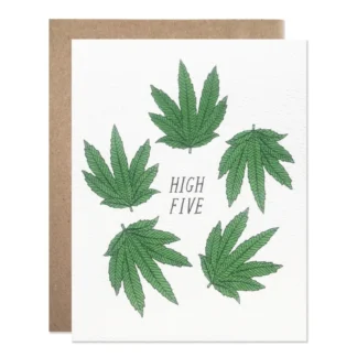 Greeting card with four green leaves and 'HIGH FIVE' text.