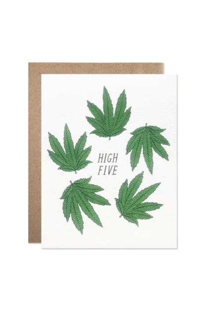 Greeting card with four green leaves and 'HIGH FIVE' text.