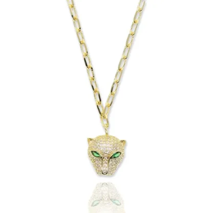 Green Eye Panther Paperclip Necklace