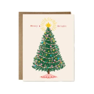 Classic Christmas card with decorated tree and 'Merry Christmas' text.
