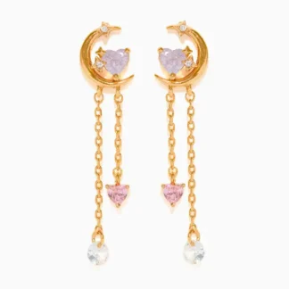 Elegant gold crescent moon earrings with dangling chains and gemstones.