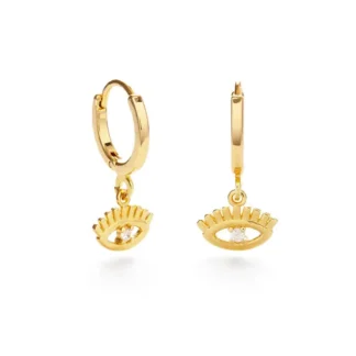 Gold hoop earrings with eye-shaped charms.