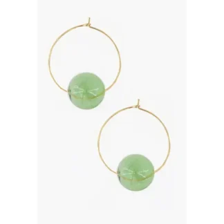 Gold hoop earrings with green spherical beads.
