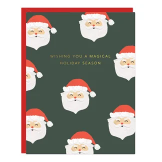 Festive holiday card featuring Santa Claus faces and a cheerful message.
