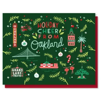 Festive holiday card with colorful decorations and Oakland greetings.