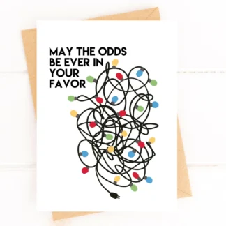 Holiday card with colorful string lights and a festive quote.