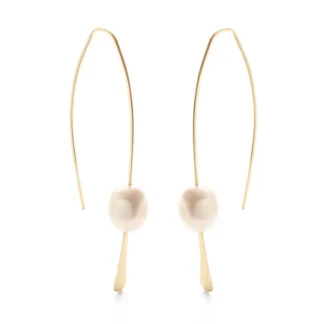 Elegant gold earrings with small white pom-poms and delicate chains.