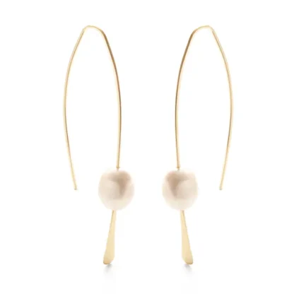 Elegant gold earrings with small white pom-poms and delicate chains.