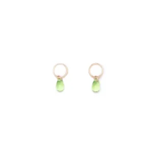 Elegant gold hoop earrings with small green drop pendants.