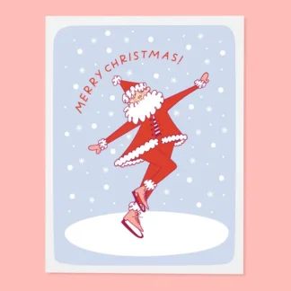 Festive Santa skating joyfully on ice with snowy backdrop.