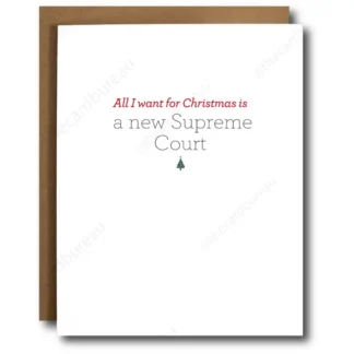 Christmas card with Supreme Court-themed message and brown envelope.