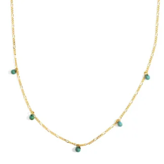 Delicate gold chain necklace with small green gemstone charms.