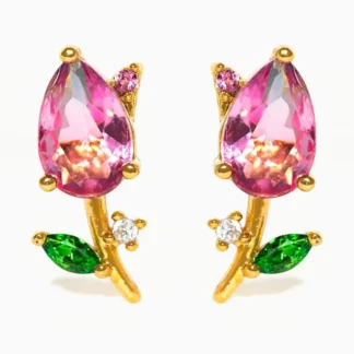 Gold floral earrings with pink teardrop stones